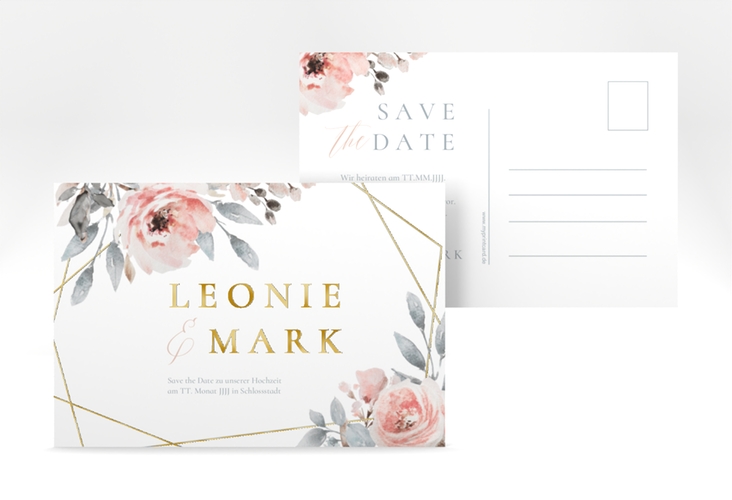 Save the Date-Postkarte Perfection A6 Postkarte weiss gold mit rosa Rosen