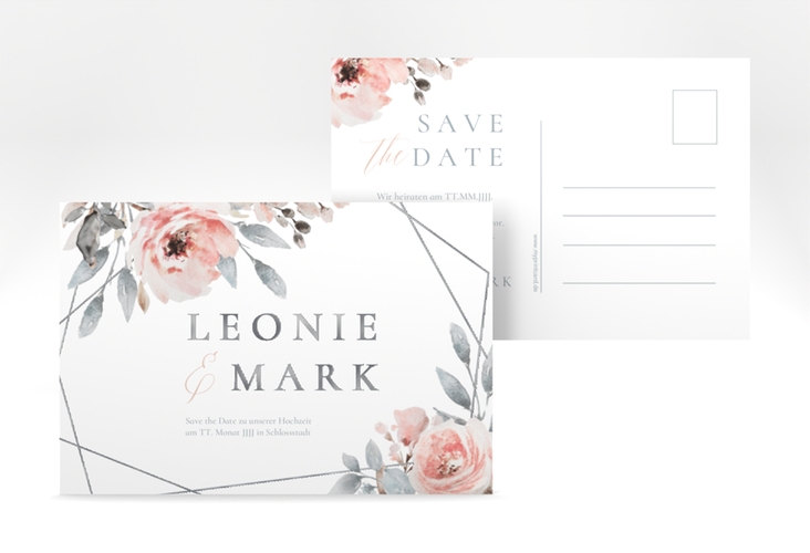 Save the Date-Postkarte Perfection A6 Postkarte weiss silber mit rosa Rosen