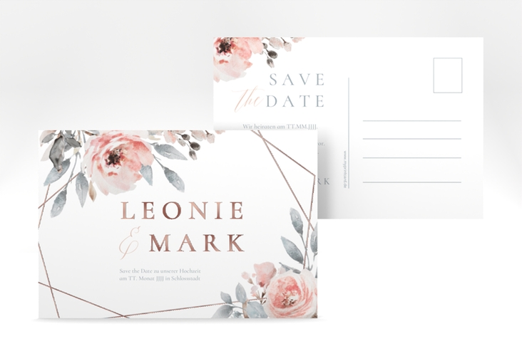Save the Date-Postkarte Perfection A6 Postkarte weiss rosegold mit rosa Rosen
