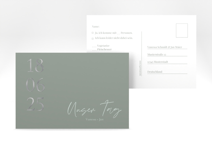 Antwortkarte Hochzeit Day A6 Postkarte gruen silber mit Datum im minimalistischen Design