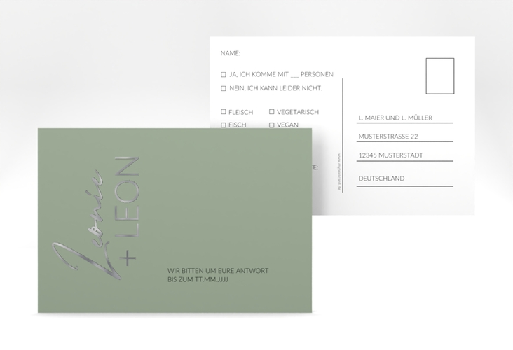 Antwortkarte Hochzeit Your Name A6 Postkarte gruen silber