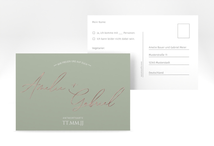 Antwortkarte Hochzeit Federschrift A6 Postkarte gruen rosegold in schlichtem Design mit Kalligrafie