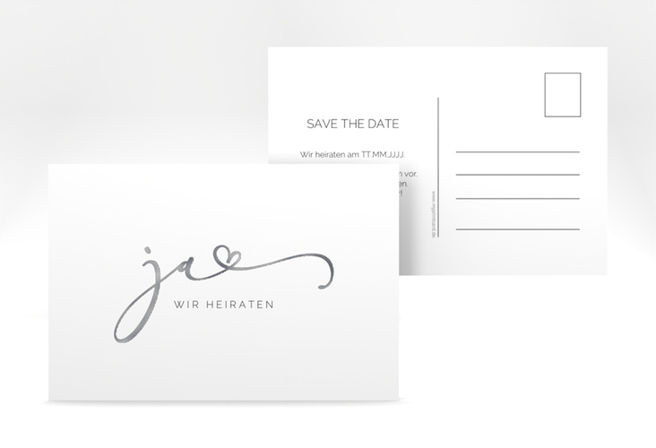 Save the Date-Postkarte Jawort A6 Postkarte weiss silber modern minimalistisch mit veredelter Aufschrift