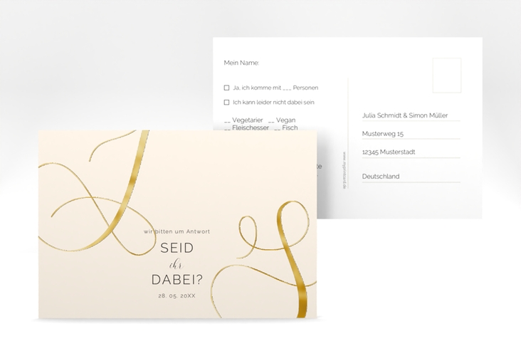 Antwortkarte Hochzeit Eheschließung A6 Postkarte beige gold