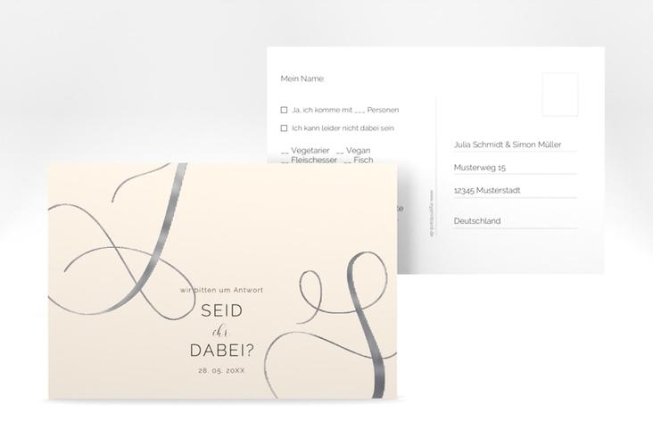 Antwortkarte Hochzeit Eheschließung A6 Postkarte beige silber