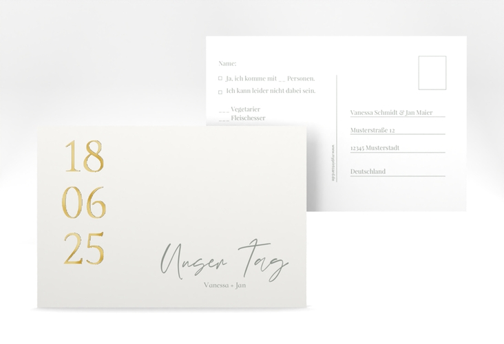 Antwortkarte Hochzeit Day A6 Postkarte weiss gold mit Datum im minimalistischen Design