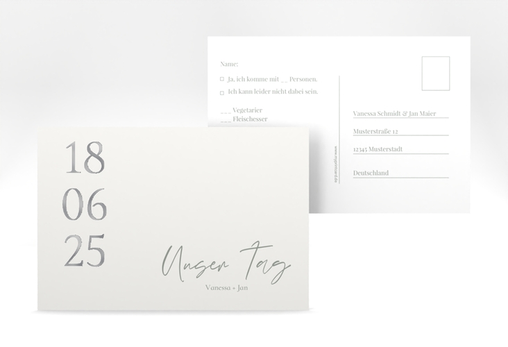 Antwortkarte Hochzeit Day A6 Postkarte weiss silber mit Datum im minimalistischen Design
