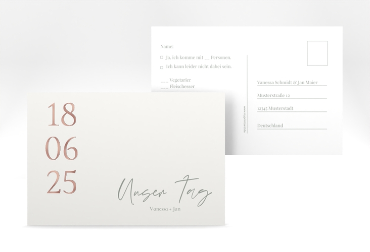 Antwortkarte Hochzeit Day A6 Postkarte weiss rosegold mit Datum im minimalistischen Design