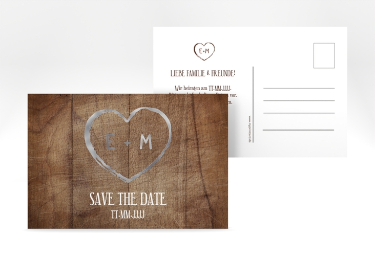 Save the Date-Postkarte Wood A6 Postkarte braun silber
