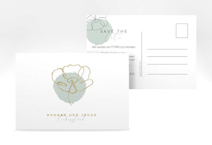 Save the Date-Postkarte Flowerline A6 Postkarte gruen gold