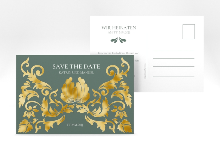 Save the Date-Postkarte Royal A6 Postkarte gruen gold mit barockem Blumen-Ornament