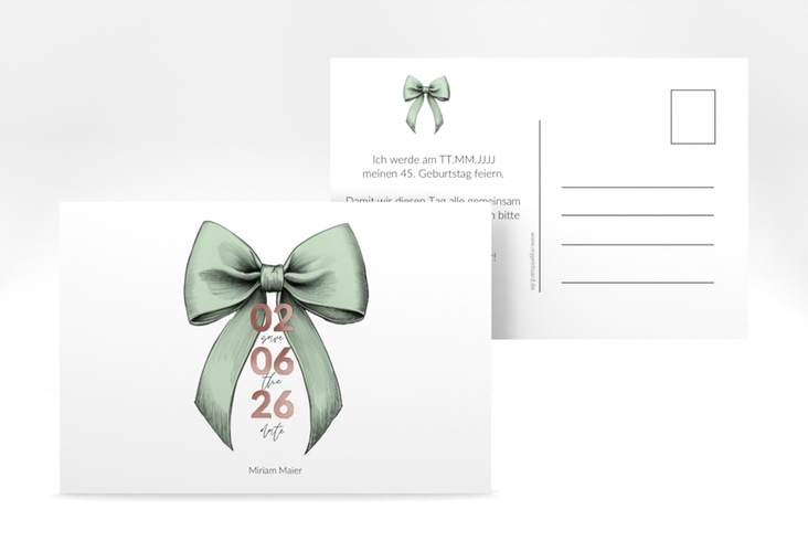 Save the Date-Postkarte Geburtstag Geburtstagsschleife A6 Postkarte gruen rosegold veredelt
