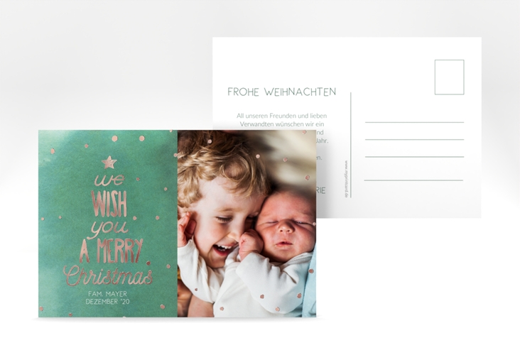 Weihnachtskarte Schneeglitzern A6 Postkarte gruen rosegold mit Aquarellfarbe und Kinderfoto