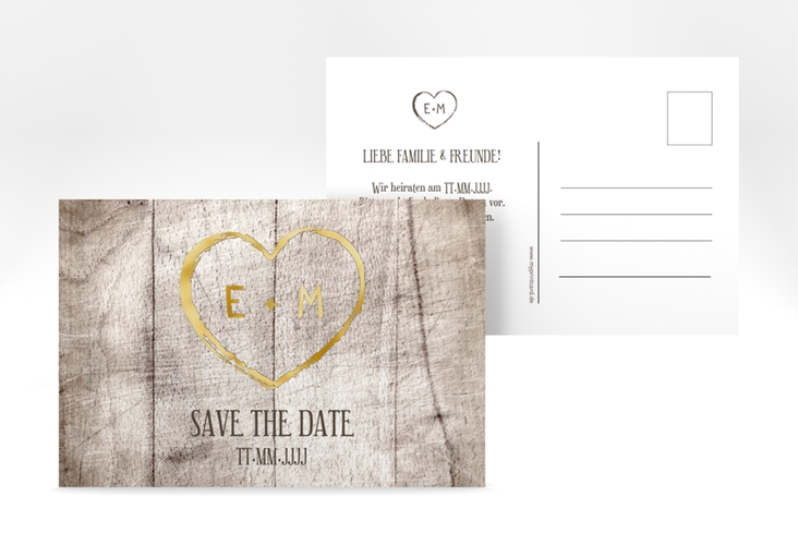 Save the Date-Postkarte Wood A6 Postkarte weiss gold