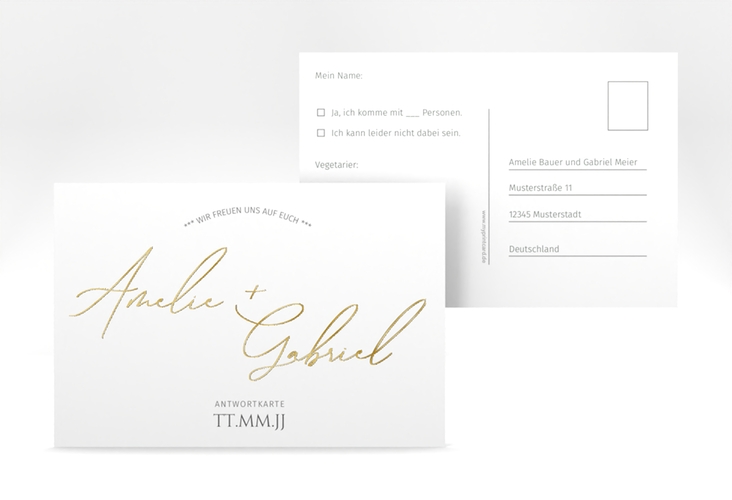 Antwortkarte Hochzeit Federschrift A6 Postkarte weiss gold in schlichtem Design mit Kalligrafie