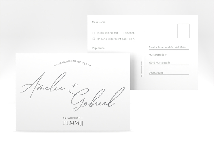 Antwortkarte Hochzeit Federschrift A6 Postkarte weiss silber in schlichtem Design mit Kalligrafie