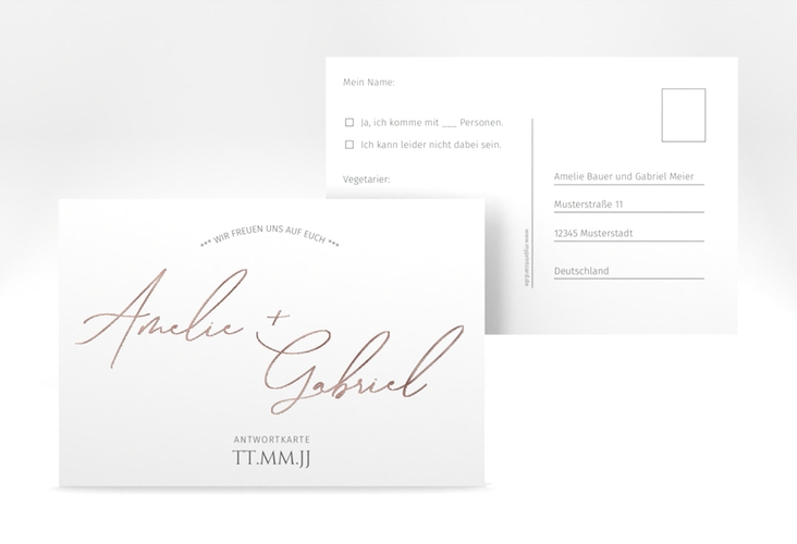 Antwortkarte Hochzeit Federschrift A6 Postkarte weiss rosegold in schlichtem Design mit Kalligrafie