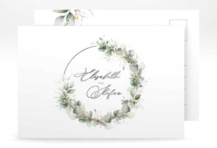 Save the Date-Postkarte Selvatica A6 Postkarte weiss silber mit Eukalyptus-Kranz