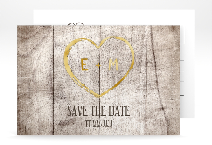 Save the Date-Postkarte Wood A6 Postkarte weiss gold