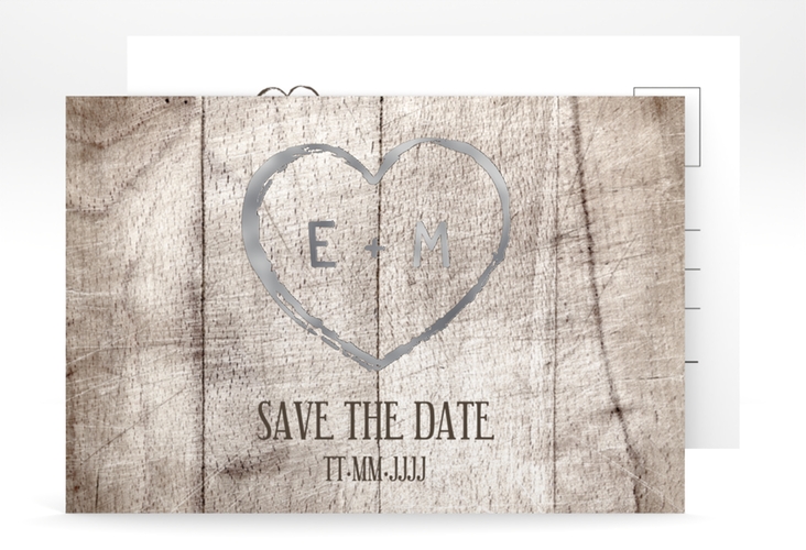 Save the Date-Postkarte Wood A6 Postkarte weiss silber