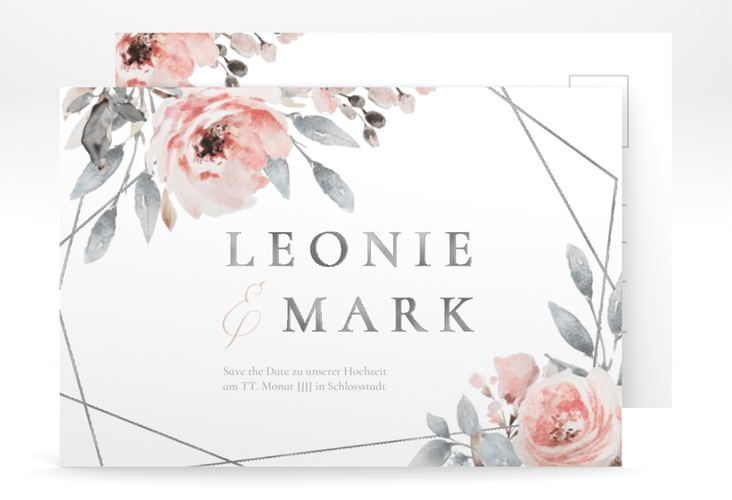 Save the Date-Postkarte Perfection A6 Postkarte weiss silber mit rosa Rosen