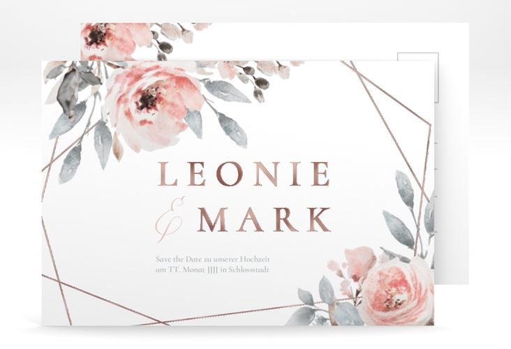 Save the Date-Postkarte Perfection A6 Postkarte weiss rosegold mit rosa Rosen