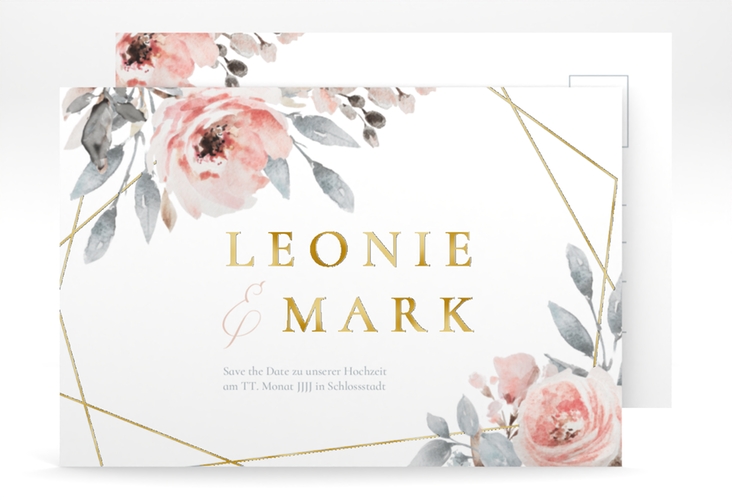 Save the Date-Postkarte Perfection A6 Postkarte weiss gold mit rosa Rosen