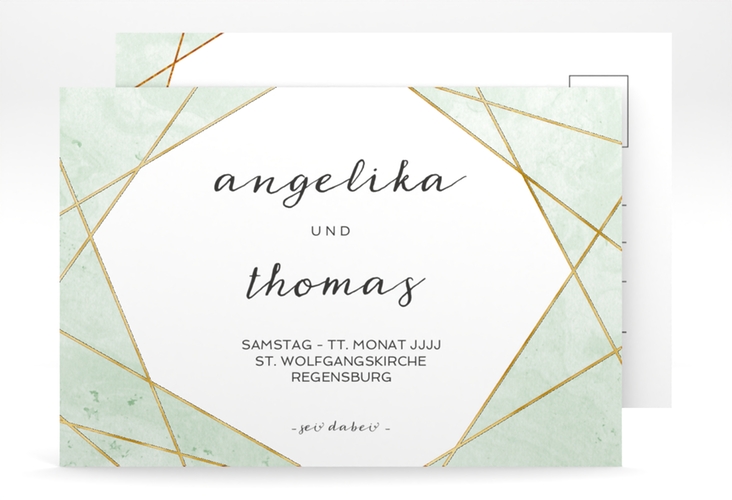 Save the Date-Postkarte Asymmetry A6 Postkarte gruen gold