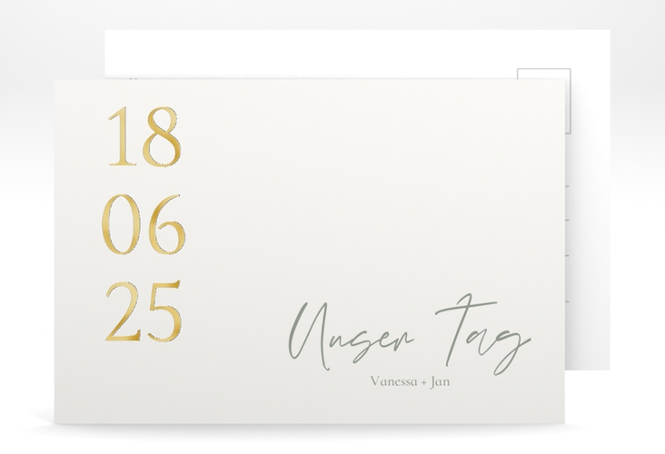 Antwortkarte Hochzeit Day A6 Postkarte weiss gold mit Datum im minimalistischen Design