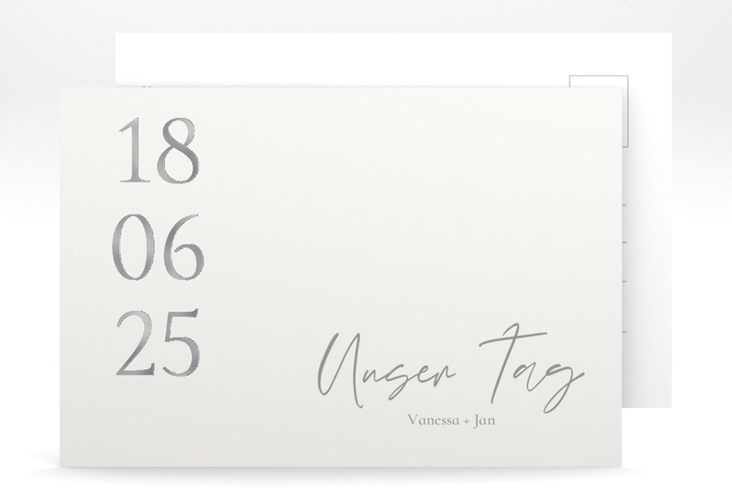 Antwortkarte Hochzeit Day A6 Postkarte weiss silber mit Datum im minimalistischen Design