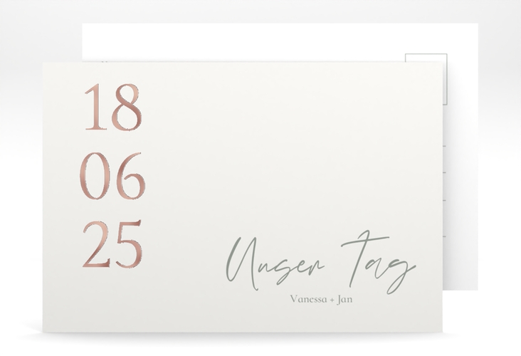 Antwortkarte Hochzeit Day A6 Postkarte weiss rosegold mit Datum im minimalistischen Design