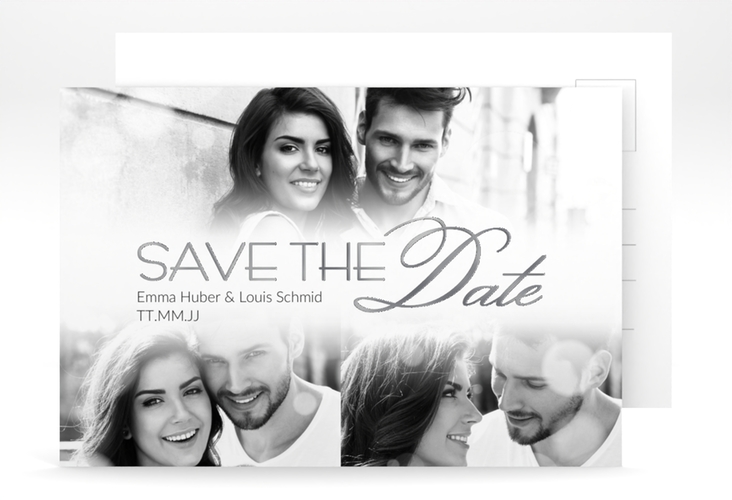 Save the Date-Postkarte Bokeh A6 Postkarte weiss silber