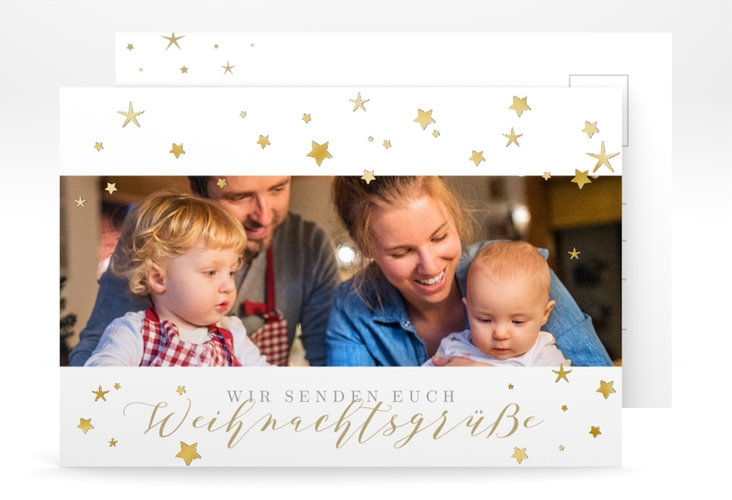 Weihnachtskarte Sternennacht A6 Postkarte weiss gold für Weihnachtsgrüße mit Familienfoto