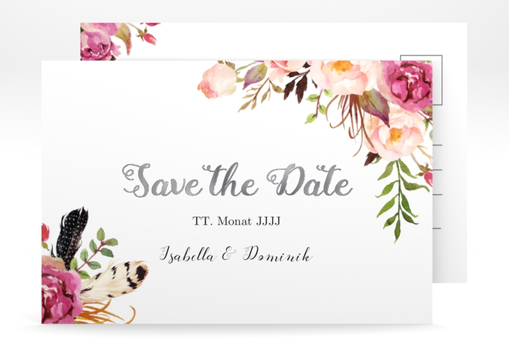 Save the Date-Postkarte Flowers A6 Postkarte weiss silber mit bunten Aquarell-Blumen