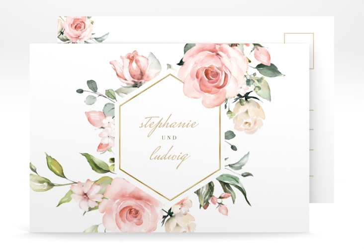 Save the Date-Postkarte Graceful A6 Postkarte weiss gold mit Rosenblüten in Rosa und Weiß