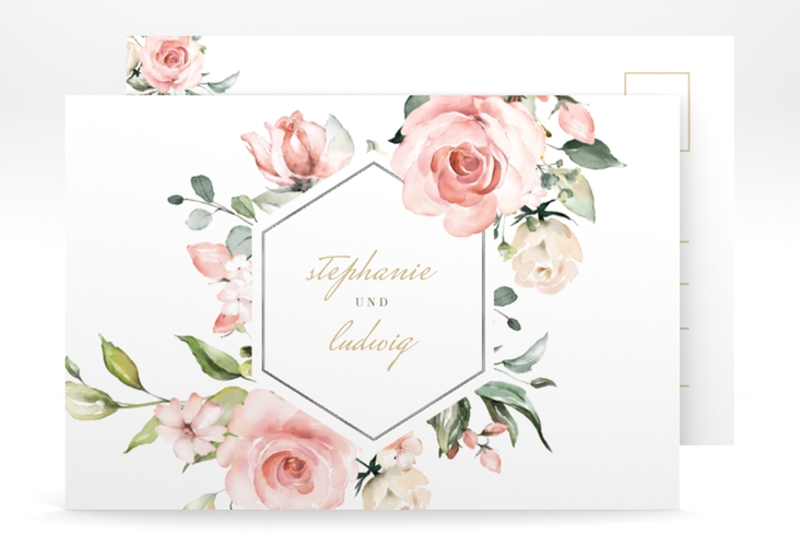 Save the Date-Postkarte Graceful A6 Postkarte weiss silber mit Rosenblüten in Rosa und Weiß