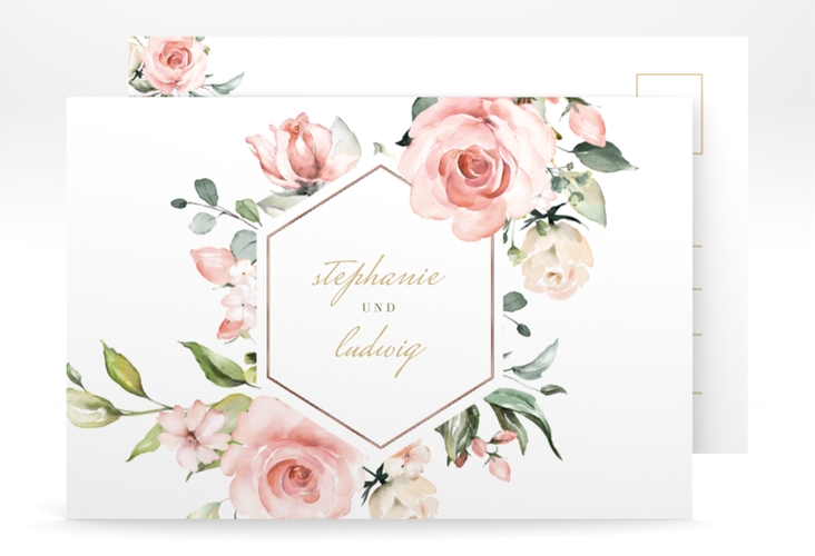 Save the Date-Postkarte Graceful A6 Postkarte weiss rosegold mit Rosenblüten in Rosa und Weiß