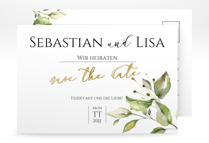 Save the Date-Postkarte Leaves A6 Postkarte weiss gold