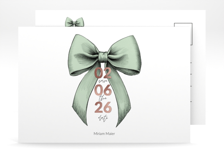Save the Date-Postkarte Geburtstag Geburtstagsschleife A6 Postkarte gruen rosegold veredelt