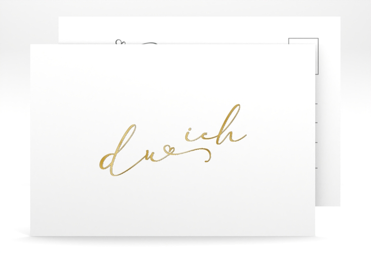 Save the Date-Postkarte Zweisamkeit A6 Postkarte weiss gold im minimalistischen Stil mit Aufschrift du & ich