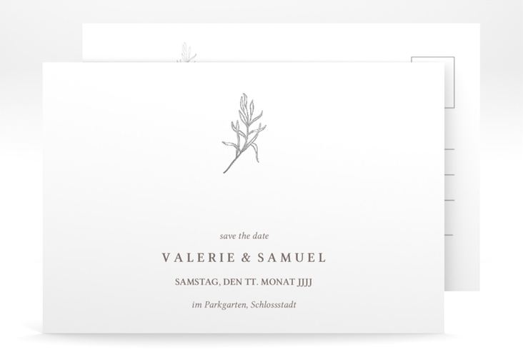 Save the Date-Postkarte Ivy A6 Postkarte weiss silber minimalistisch mit kleiner botanischer Illustration