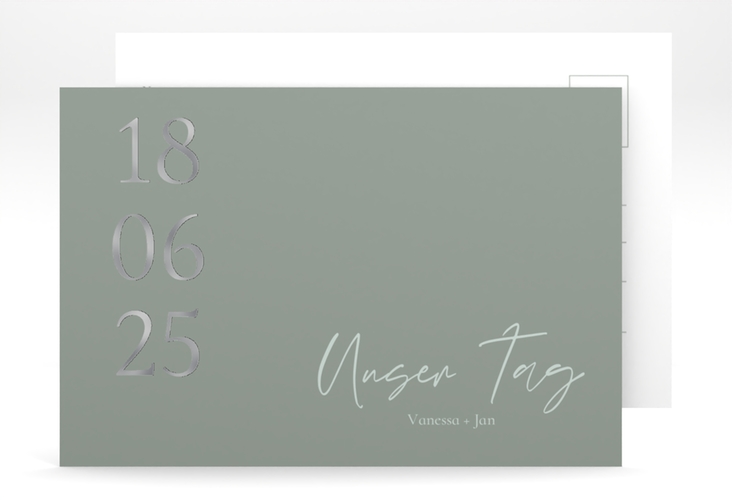 Antwortkarte Hochzeit Day A6 Postkarte gruen silber mit Datum im minimalistischen Design