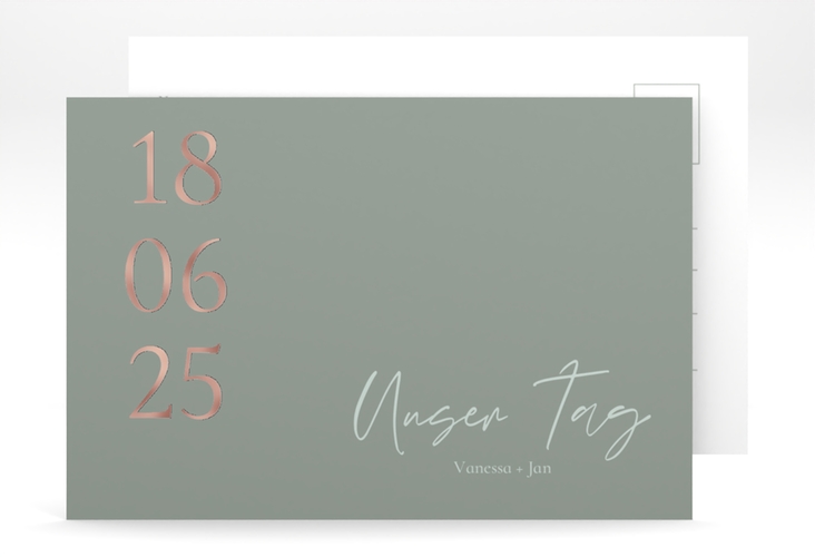Antwortkarte Hochzeit Day A6 Postkarte gruen rosegold mit Datum im minimalistischen Design