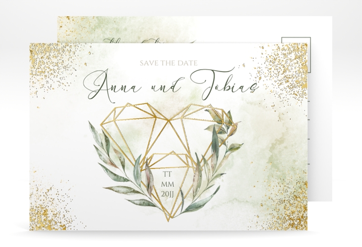 Save the Date-Postkarte Heartfelt A6 Postkarte weiss gold mit Diamanten im Geometric Design