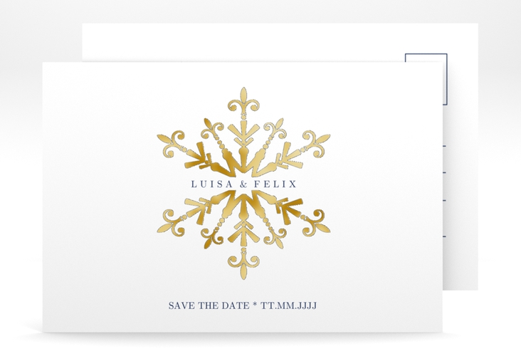 Save the Date-Postkarte Crystal A6 Postkarte weiss gold mit Eiskristall