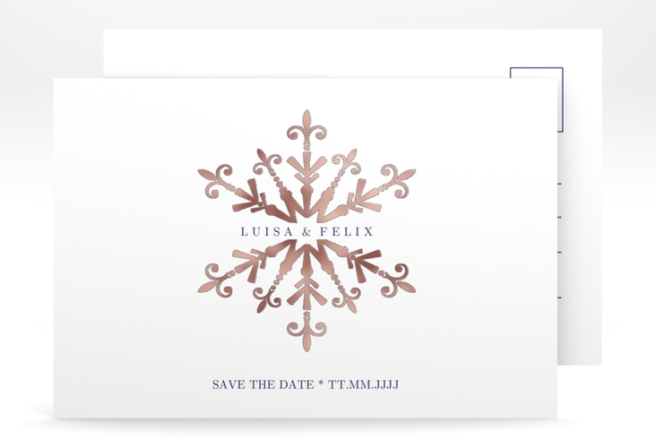Save the Date-Postkarte Crystal A6 Postkarte weiss rosegold mit Eiskristall