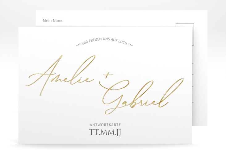 Antwortkarte Hochzeit Federschrift A6 Postkarte weiss gold in schlichtem Design mit Kalligrafie