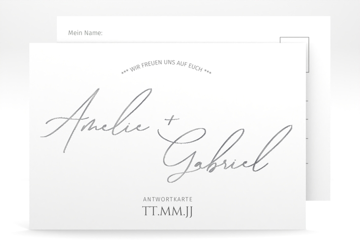 Antwortkarte Hochzeit Federschrift A6 Postkarte weiss silber in schlichtem Design mit Kalligrafie