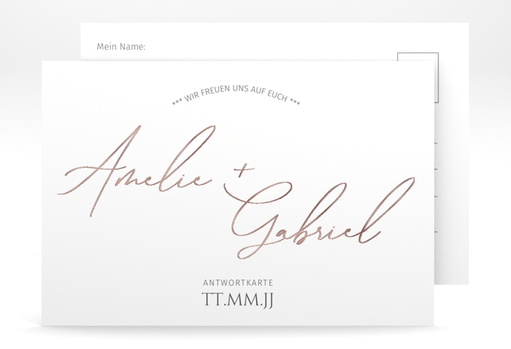 Antwortkarte Hochzeit Federschrift A6 Postkarte weiss rosegold in schlichtem Design mit Kalligrafie