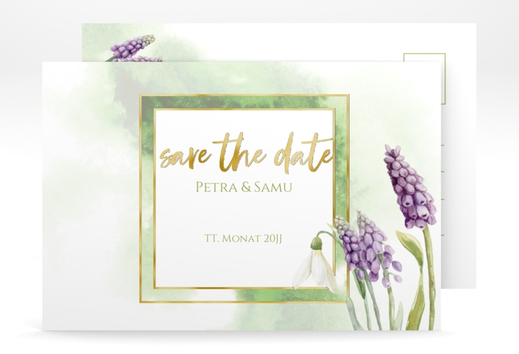 Save the Date-Postkarte Frühling A6 Postkarte gruen gold mit Frühlingsblumen in Aquarell